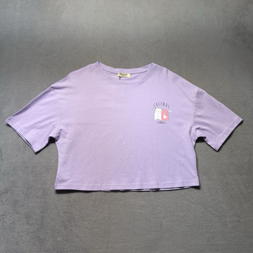 Kagito Womens XL Crop Top Purple Bear Graphic Tee Cute Friends Forever NWT